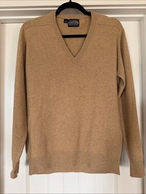 Lands' End 100% Cashmere V-Neck Sweater Camel Made in Scotland Men M / Women L